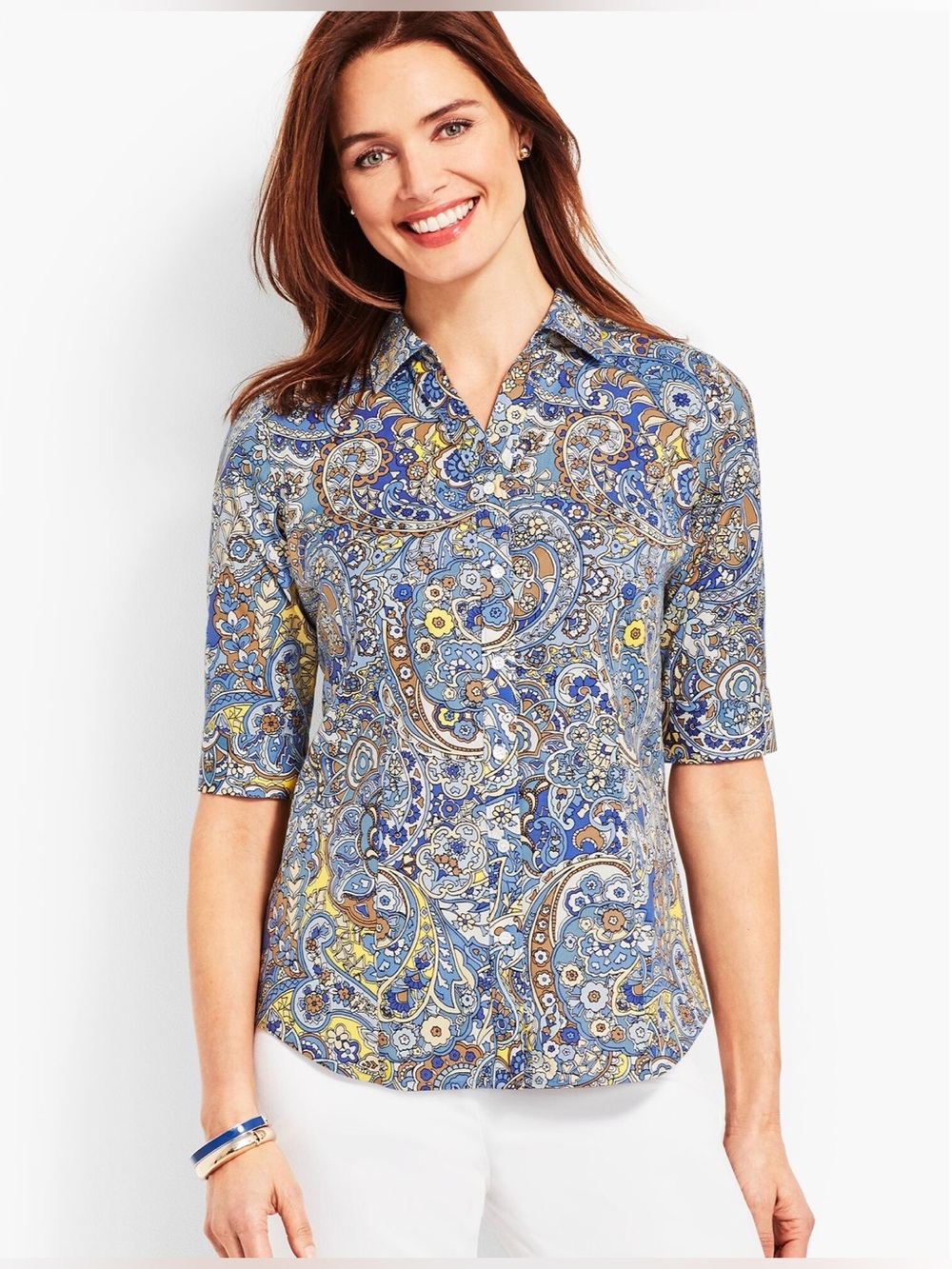 Talbots Perfect Shirt Womens 10P Petite Paisley Geometric Button Up Short Sleev